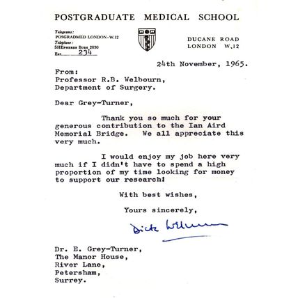 London Postgraduate Medical School To WW2 Doctor 1965 Hand Signed Letter