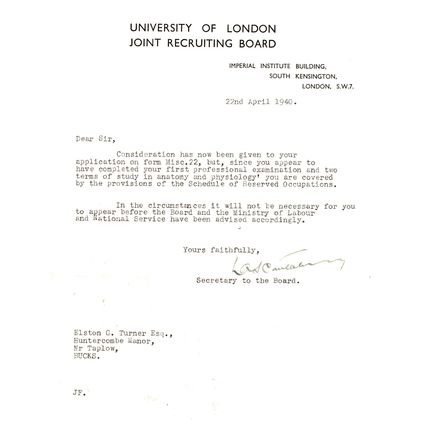 London University 1940 WW2 Hand Signed Anatomy Studies Letter