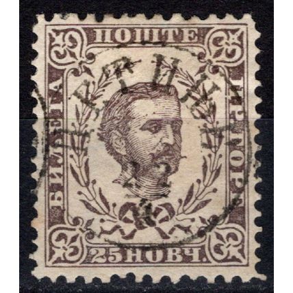 Montenegro 1890-93, 25Nkr Prince Nikola I issue. 12 perfs. Mi #7 IIB. Used