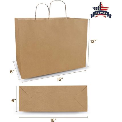 16X6X12 Inch 100 Pcs Kraft Paper Bags with Handles Bulk, Kraft Shopping Bags, Br
