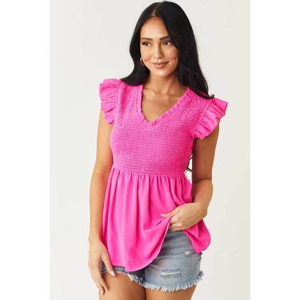 Rose Smocked Ruffle Flutter Sleeve Peplum Blouse
