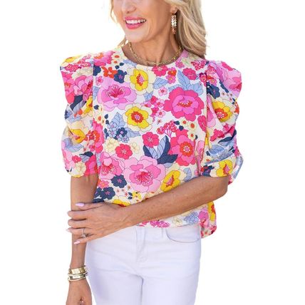 Ruched Puff Sleeve Floral Blouse