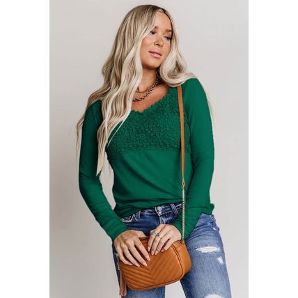 Green Lace Crochet V Neck Long Sleeve Top