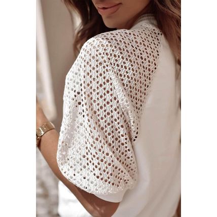 White Pointelle Lace Half Sleeve Crew Neck Tee
