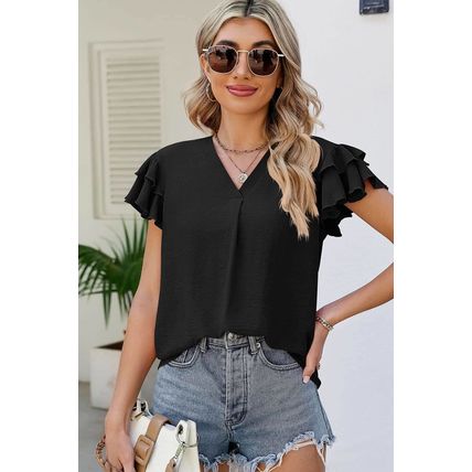 Black V Neck Ruffle Short Sleeve Blouse