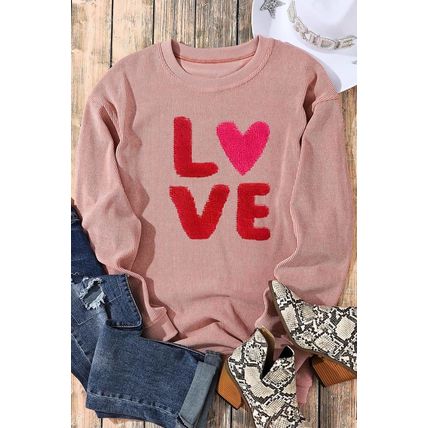 Pink Valentines LOVE Chenille Embroidered Corded Sweatshirt
