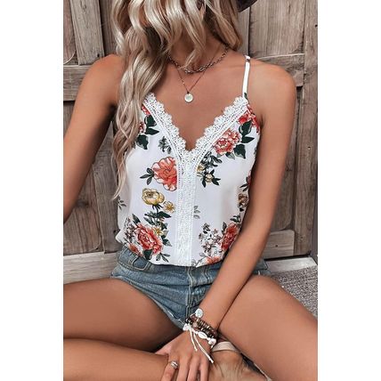 White Floral Print Lace V Neck Tank Top