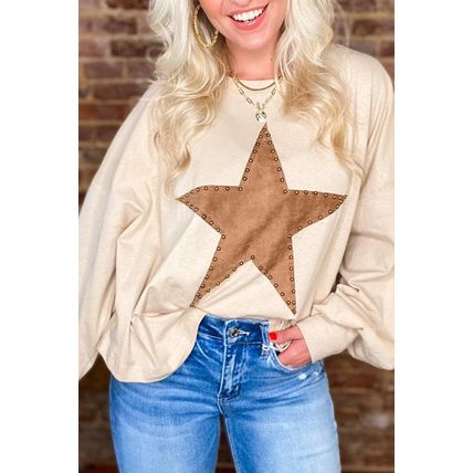 Apricot Studded Star Graphic Oversized Long Sleeve Top