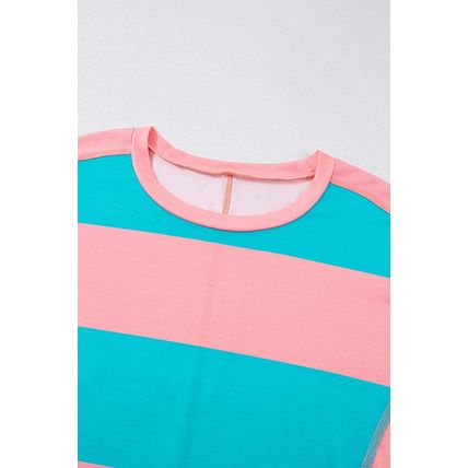 Light Blue Colorblock Striped Drop Shoulder Loose Top