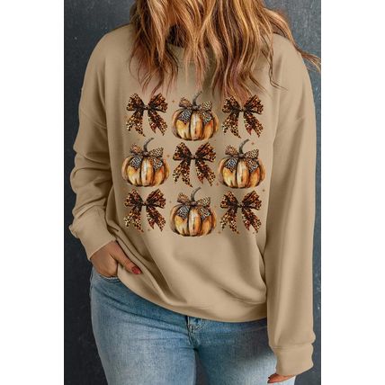 Apricot Halloween Leopard Pumpkin Bow Knot Print Plus Size Sweatshirt