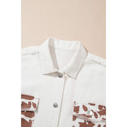 White Cow Spot Patchwork Flap Pocket Distressed Hem Long Denim Jacket