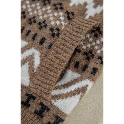 Brown Western Printed Ribbed Trim Collared Zip up Cardigan