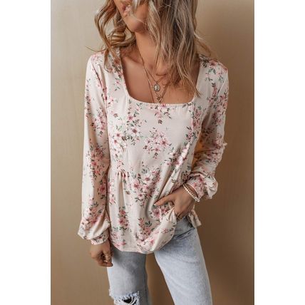 Pink Floral Print Pleated U Neck Loose Fit Blouse