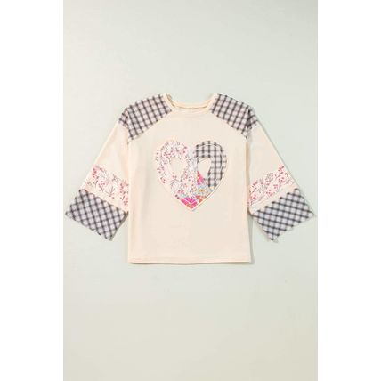 Beige Plaid Floral Peace Heart Graphic Wide Long Sleeve Top