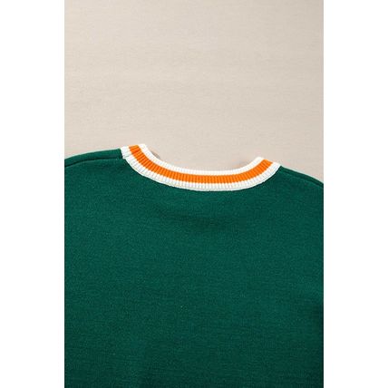 Blackish Green Colorblock Striped Trim Drop Shoulder Sweater
