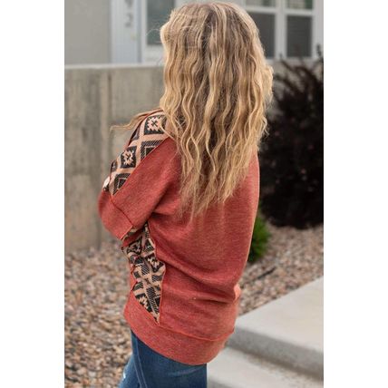 Redwood Burl Aztec Patchwork Drop Shoulder Plus Size High Low Sweatshirt