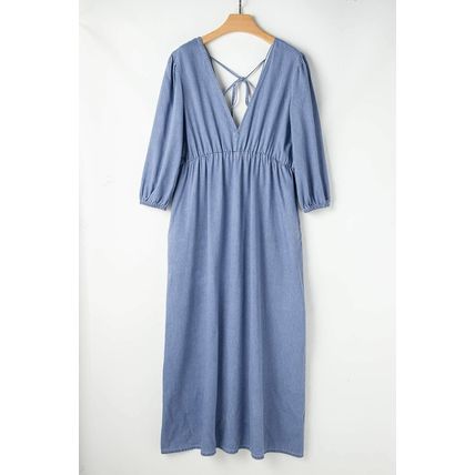 Myosotis Chambray Deep V Neck Bracelet Sleeve Maxi Dress