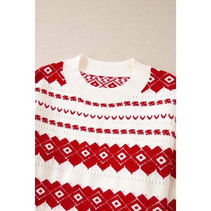 White Western Geometric Patterned Crew Neck Loose Sweater