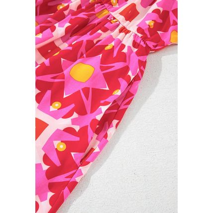 Strawberry Pink Geometric Print Smocked Long Sleeve Mini Dress