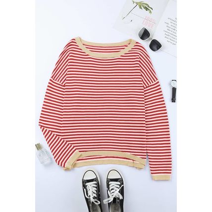 Fiery Red Contrast Trimmed Striped Drop Shoulder Sweater