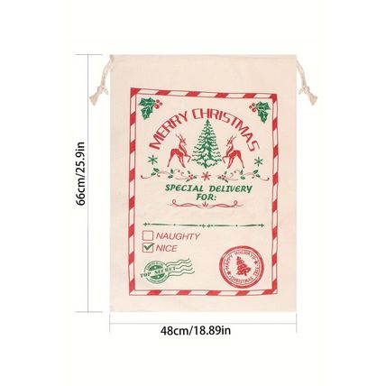 White Merry Christmas Elk Print Drawstring Gift Sack