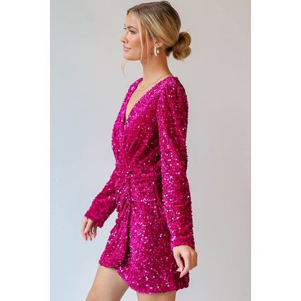 Pitaya Pink Velvet Sequin Long Sleeve V Neck Wrapped Mini Dress