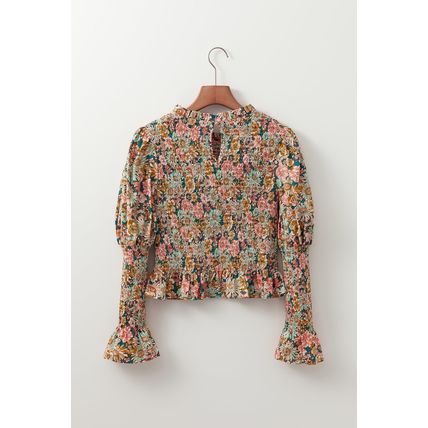 Yellow Floral Print Smocked Bubble Sleeve Ruffled Crop Top