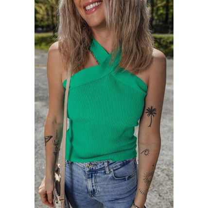 Dark Green Ribbed Criss Cross Halter Neck Sheath Sweater Tank Top