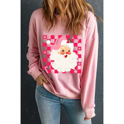 Pink Fancy Checkered Father Christmas Graphic Sweatshirt