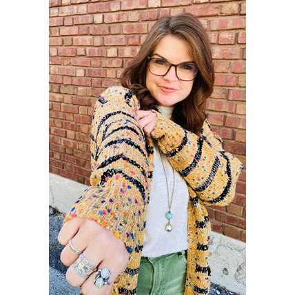 Beige Striped Pom Pom Knit Open Front Long Cardigan