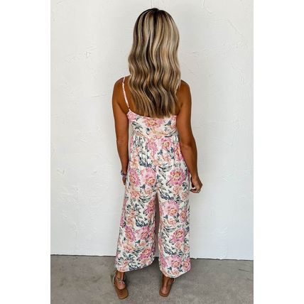 White Floral Spaghetti Straps Wide Leg Jumpsuit