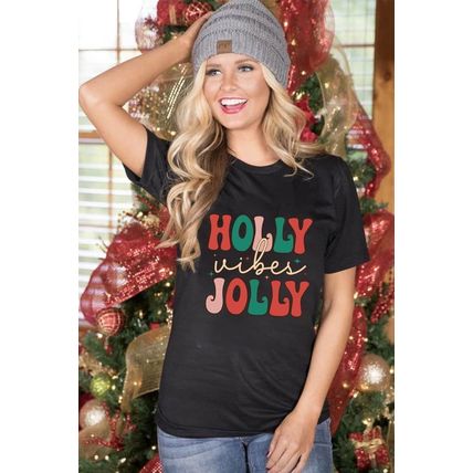 Black HOLLY JOLLY Vibes Christmas Crew Neck T Shirt
