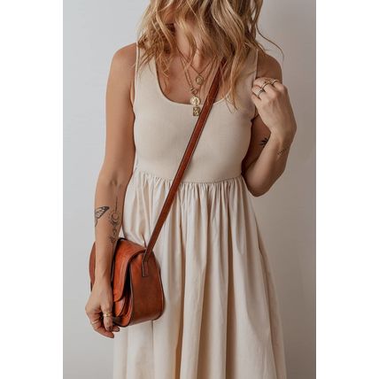 Beige Scoop Neck Ribbed Bodice Pleated Sleeveless Long Dress