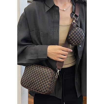 Coffee Checkered Print PU Leather Shoulder Bag with Coin Wallet