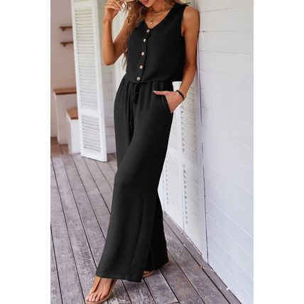 Black Buttoned Vest Drawstring Wide Leg Pants 2pcs Set