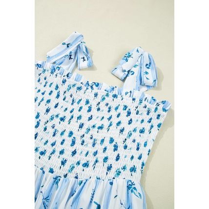 Sky Blue Floral Smocked Tied Straps A-Lined Tiered Maxi Dress