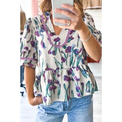 Purple Floral Ricrac Trim Half Sleeve Peplum Top