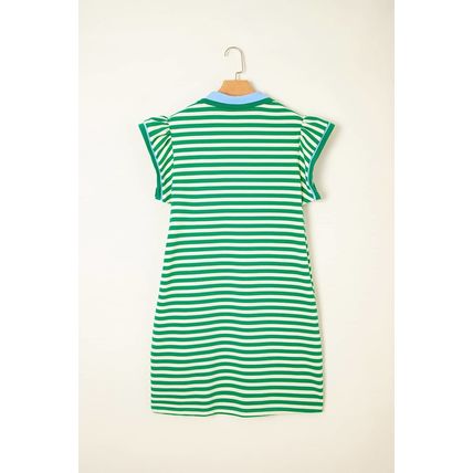 Green Stripe Print Contrast Collar Split Neck Flutter Sleeve Short Dress
