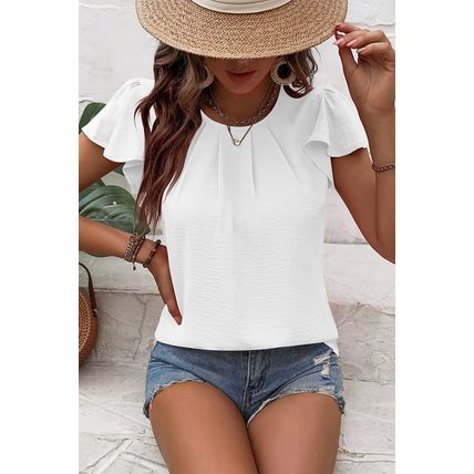 White Flounce Sleeve Pleated Textured Blouse