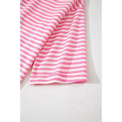 Pink Stripe Bowknot Cutout Back Drop Shoulder Wide Bracelet Sleeve Loose Tee