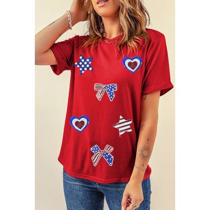 Red American Flag Inspired Sequined Pattern Crewneck Tee