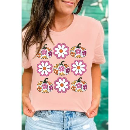 Pink Floral Pumpkin Thanksgiving Holiday Funny Graphic T Shirt