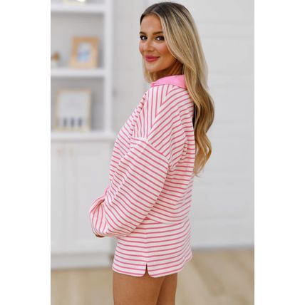 Pink Stripe Collared V Neck Drop Shoulder Pullover and Skort 2pcs Outfit
