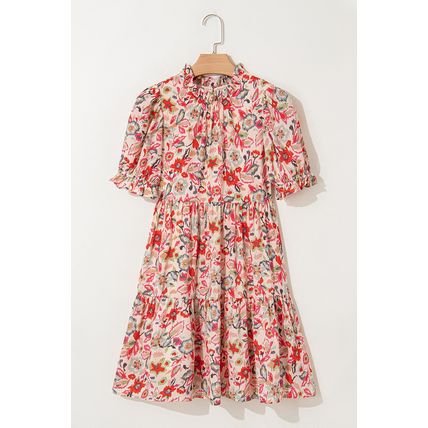 Multicolour Floral Print Frilled Neck Puff Sleeve High Waist Dress