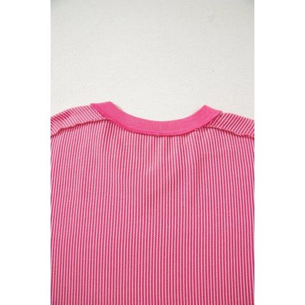 Rose Red Twisted Ribbed Knit V Neck Casual Tee