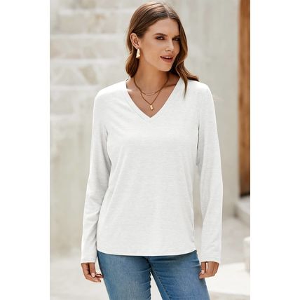 White Solid Color V Neck Long Sleeve Stretchy Top