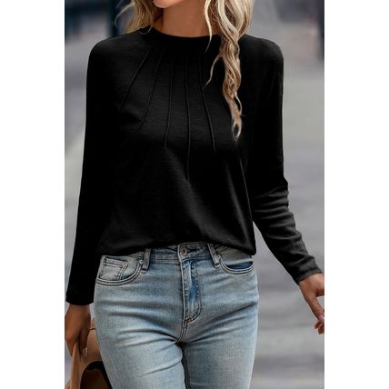 Black Solid Color Seam Detail Raglan Long Sleeve Top