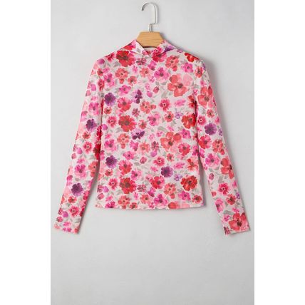 Red Floral Print Long Sleeve Slim Fit Mesh Top