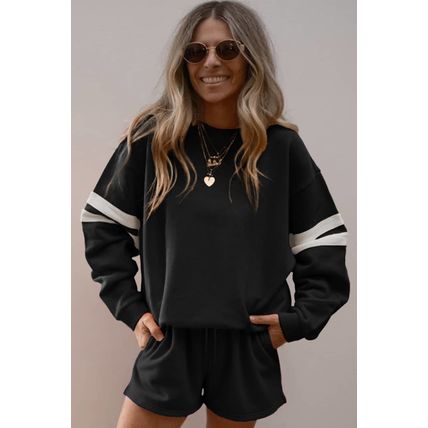 Black Varsity Striped Sleeve Drop Shoulder Sweatshirt and Short Set