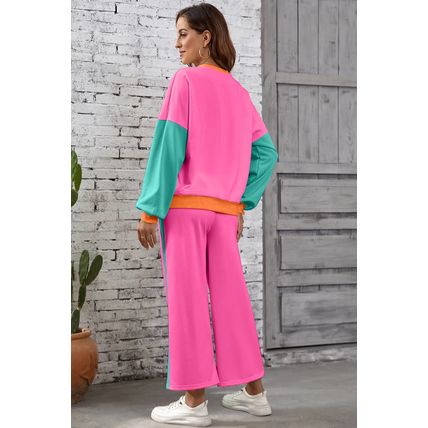 Rose Red 2pcs Color Block Pullover Loose Pant Set